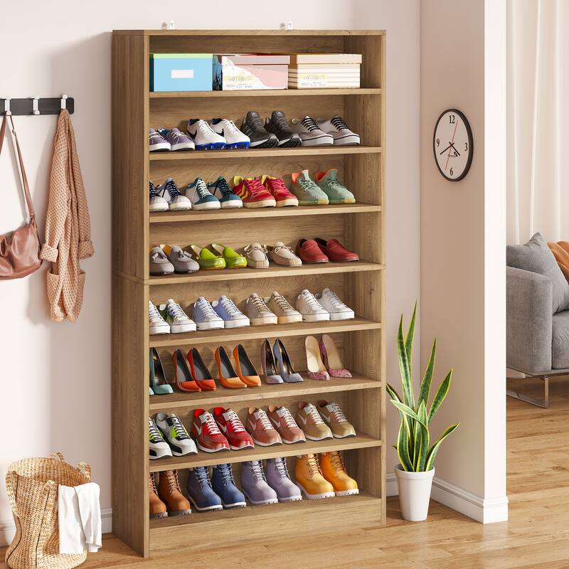 9 Tiers Shoe Cabinet, 40-45 Pairs Heavy Duty Wood Freestanding Shoe Storage Cabinet - LightBrown