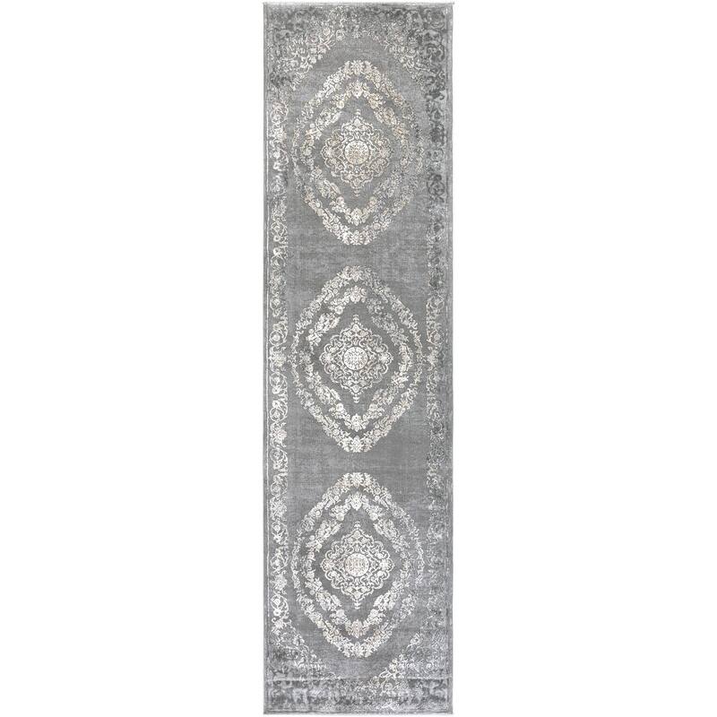 Livabliss Tibetan Updated Traditional Medallion Area Rug - 2' 7" x 10' - Grey