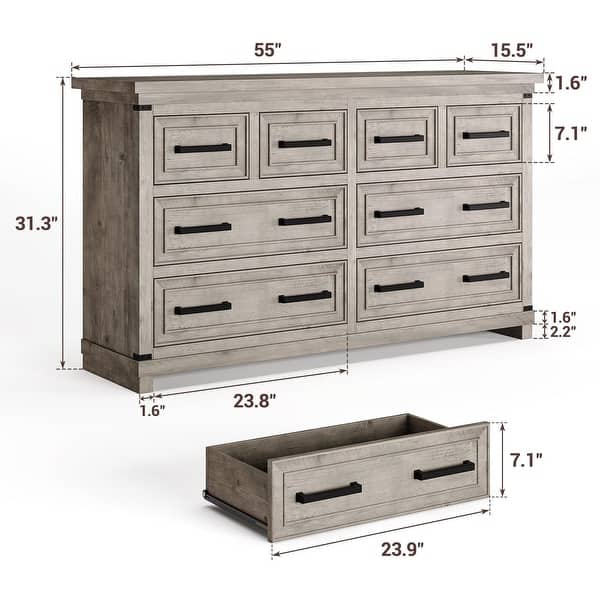 dimension image slide 1 of 2, 8 Drawers Dresser Chests for Bedroom, 55" Wide Wood Rustic Chest of Drawers