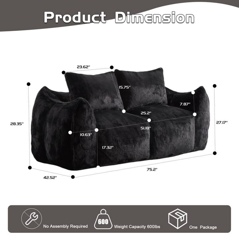 Oversized Bean Bag Sofa Reading Chair, 2-Seater Giant Bean Bag Couch with Pillows, Loveseat Chaise Lounge Sofa Chair