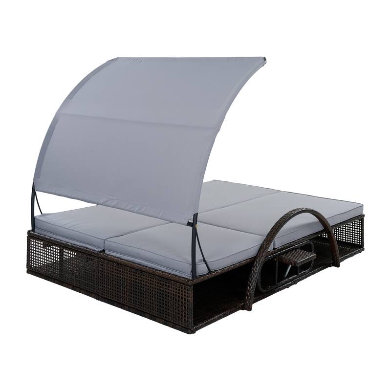 Outdoor Steel Frame Sun Lounger with Adjustable Backrest,Patio Double Sunbed with Hidden Side Table and Arched Armrests