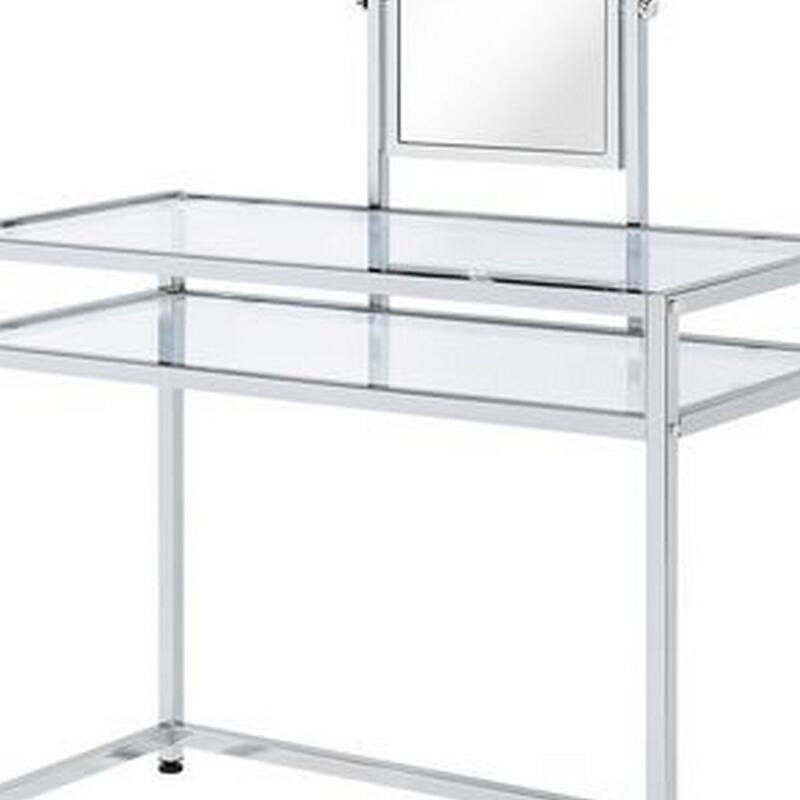 2 Piece Metal Vanity Set, Tempered Glass, Faux Fur Seat, 1 Shelf, Silver