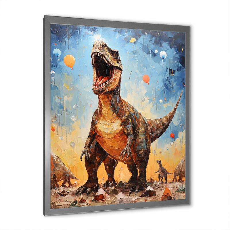 Designart "Pop Art Dino Explosion" Dinosaur Wall Decor Grey - Modern Hallway Framed Wall Art Decor