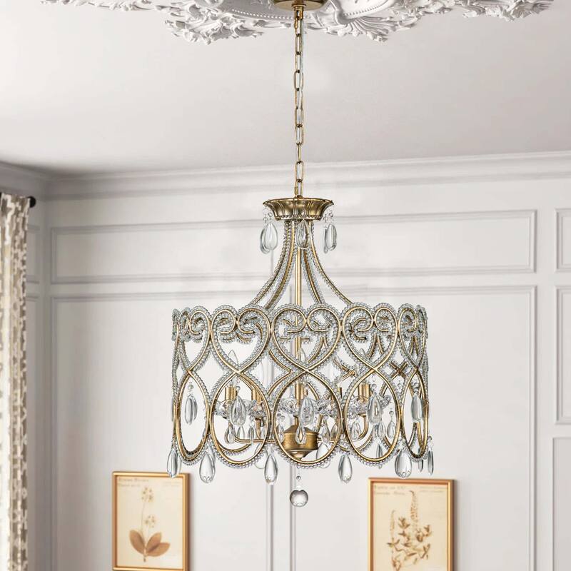 5-Light Mid-Century Modern Vintage Luxury Drum Crystal Chandelier Round Candle Pendant Light for Living Room