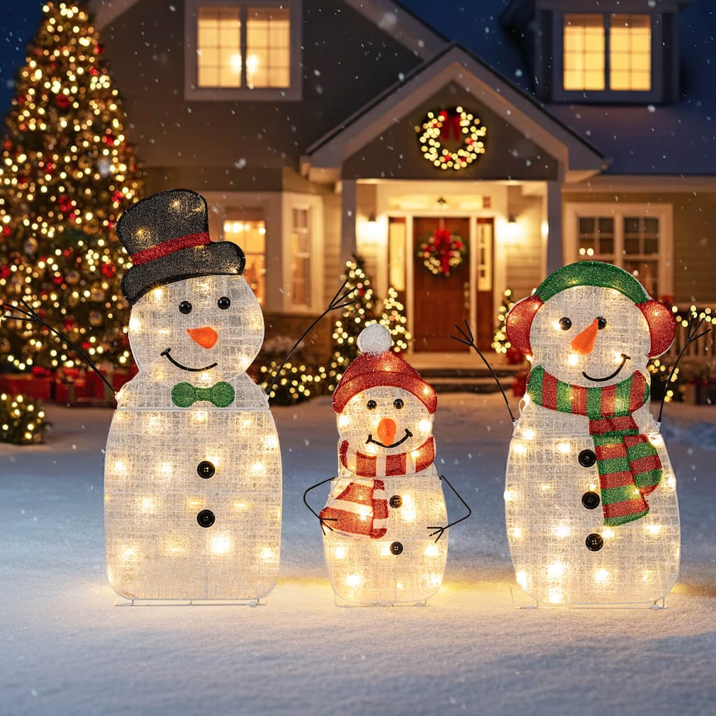 Costway 3PCS Pre-Lit 2D Snowman Set with LED Lights for Home Lawn Yard - as pic shows - See Details