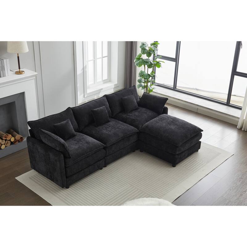 Minimalist Chenille Modular Sectional Sofa, 3-Seater L-Shaped Couch with Movable Ottoman, Upholstered Sofa for Living Room