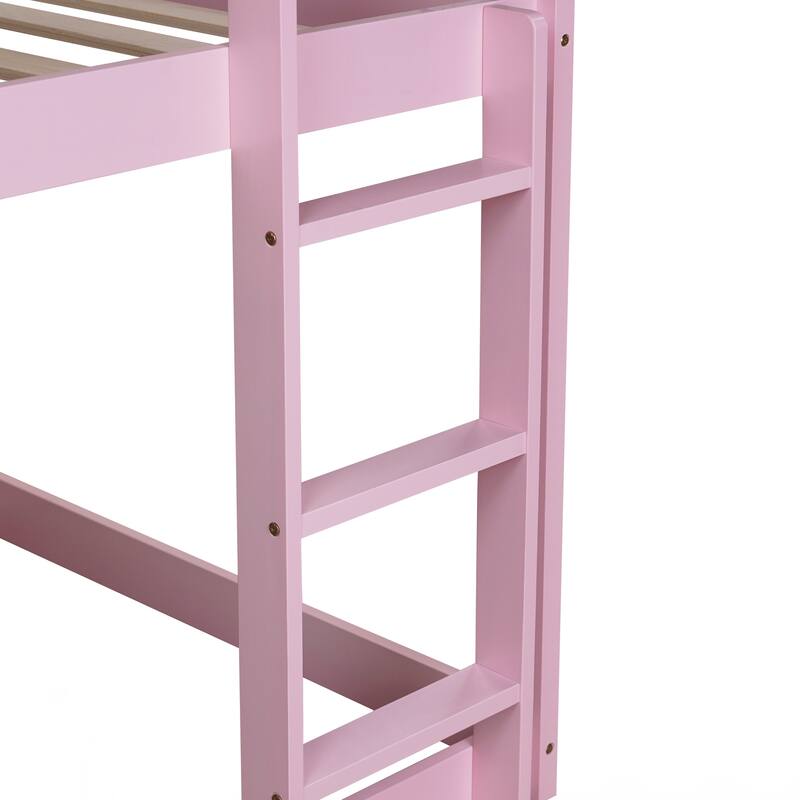Wooden Twin over Twin Floor Bunk Bed with Ladder, with Bed Platform of Strengthened Slats
