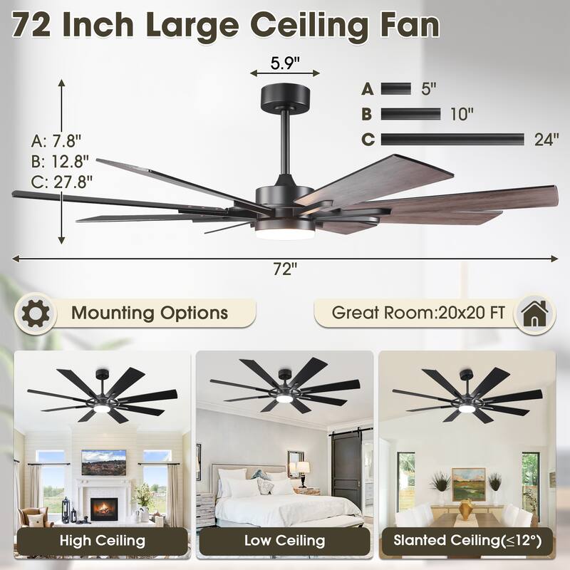 72" Matte Black Large Windmill Farmhouse Integrated LED Ceiling Fan with Light and Remote - 72"Wx12.8"H