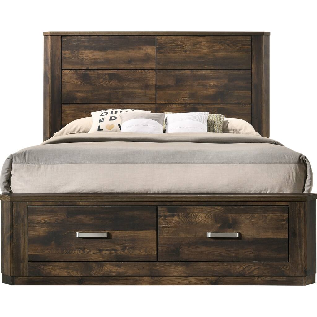 Wood Queen Bed with 2 Drawers in Rustic Walnut