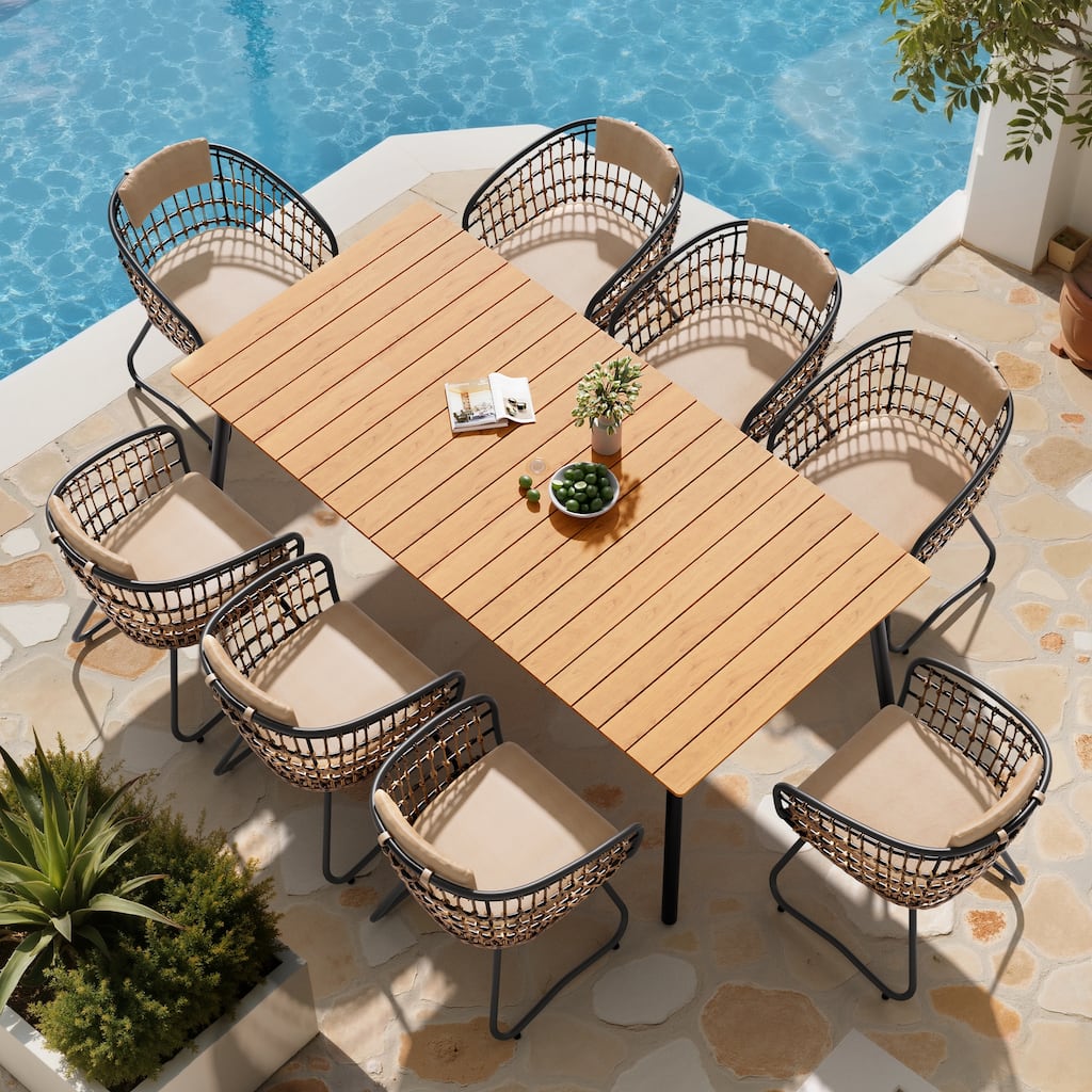 9PC Outdoor Patio Dining Set Aluminum Dining Table with PE Rattan Chairs - Set of 9
