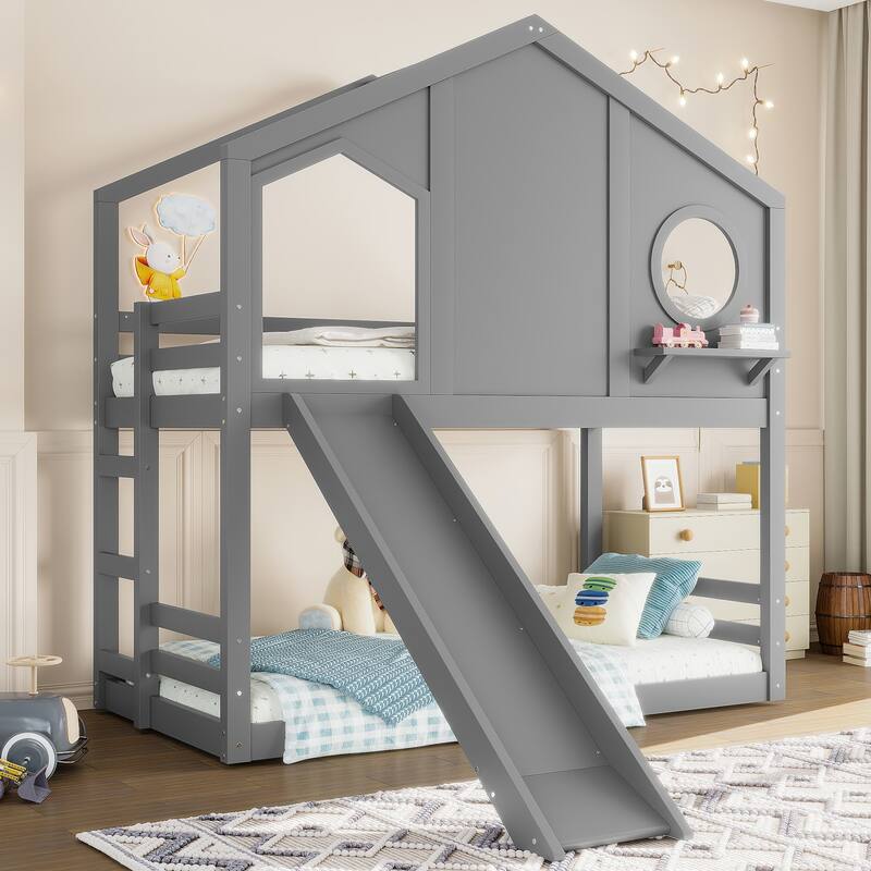 Twin House Bunk Bed with Slide and Storage Shelves, Solid Wood House Loft Bed with Window, Childlike Design