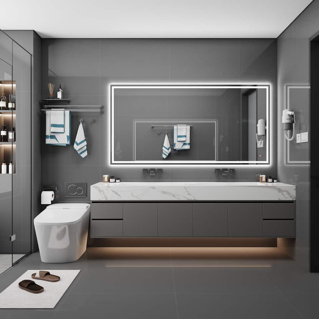 CB HOME Gesture Control Smart LED Mirror Bathroom, Lighted Wall Mounted Mirror, Dimmable, Frameless,Three Color,Front&BackLit