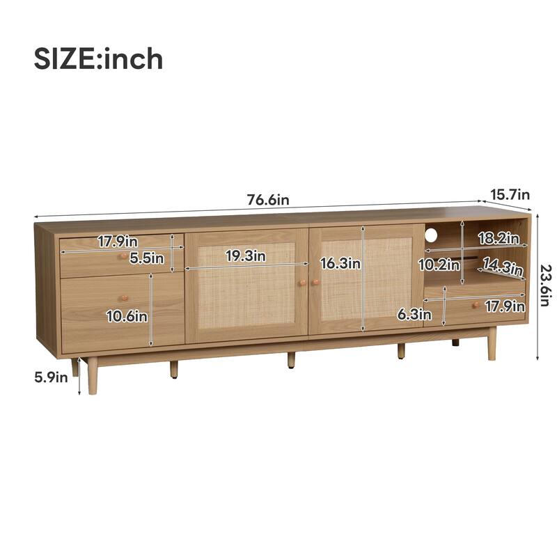 Bohemian-Style TV Stand for 65/75/85-inch TVs with Real Rattan, Open Storage & Drawers, for Living Rooms