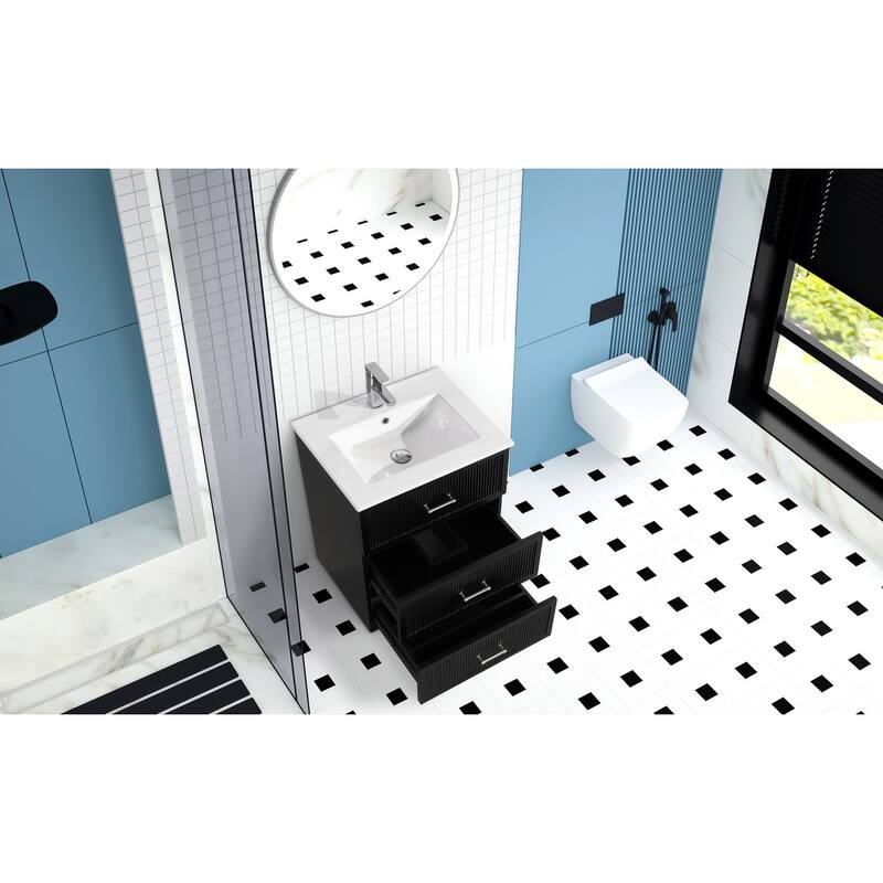 30" Freestanding Bathroom Vanity with Ceramic Sink and 2 Storage Drawers, Stylish Gray Floor Cabinet