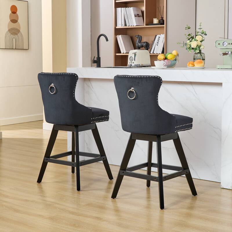 Swivel Bar Stools Set of 2, Velvet Counter Height Barstools with Wooden Legs, Kitchen Island Chairs with Button Backrest