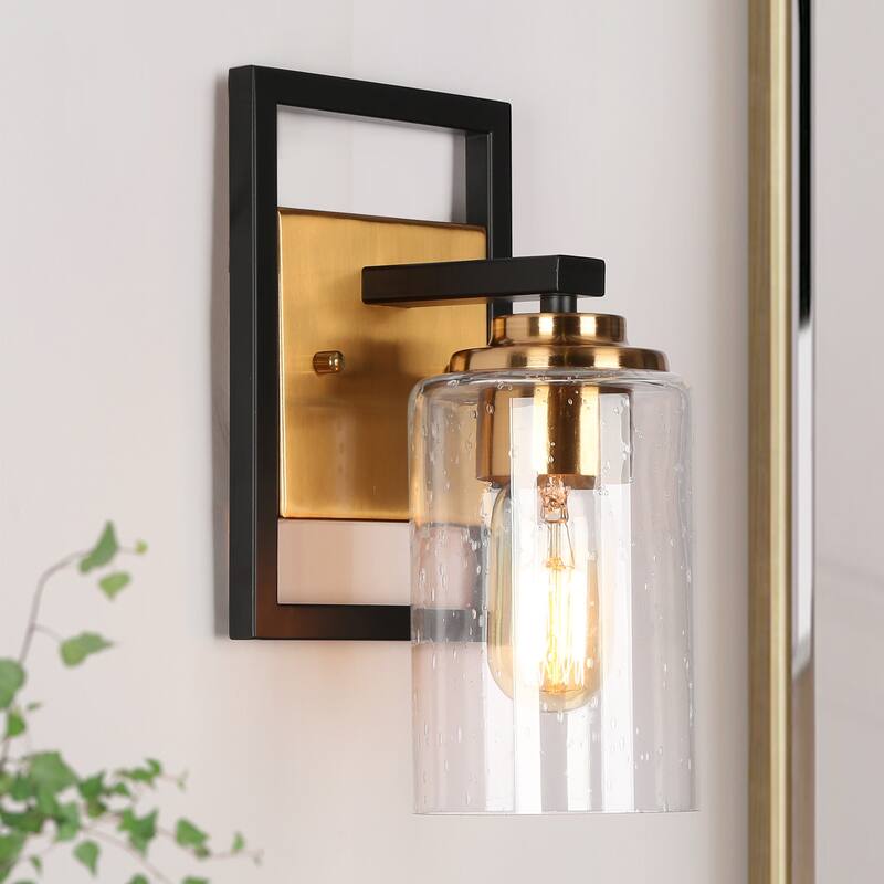 Modern Black Gold 1-Light Mini Bathroom Wall Sconce Seeded Glass Vanity Lights - 5.5" L x 6" W x 10" H
