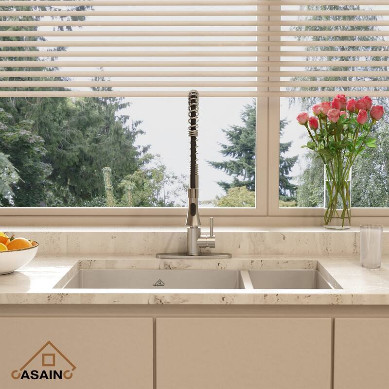 Handmade Undermount 60/40 Double Bowl 18 Gauge Stainless Steel Kitchen Sink with Bottom Grids and Basket Strainers