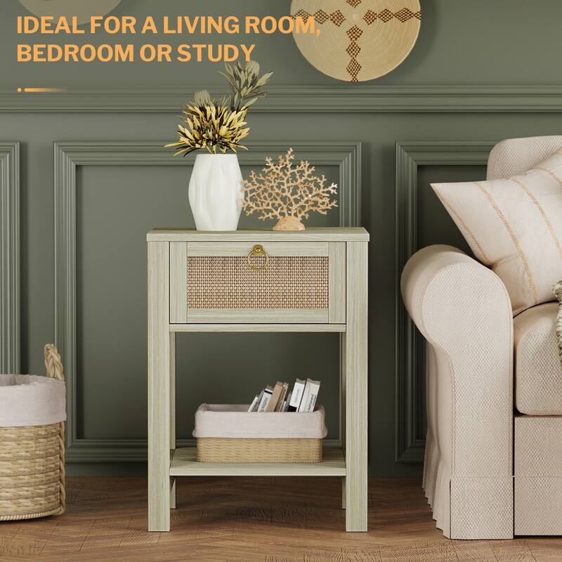 SICOTAS Farmhouse 1-Drawer Rattan Nightstand