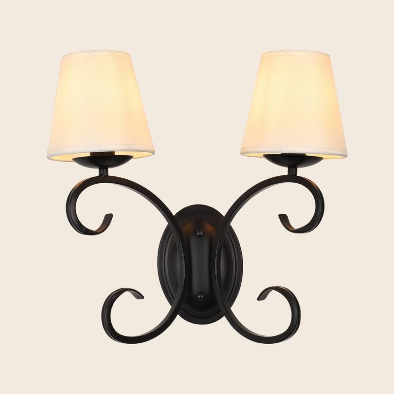 kirahee 2-Light Bedroom Wall Lamps Matte Black Finish Wall Lights with White Flax Fabric Shade - Matte Black