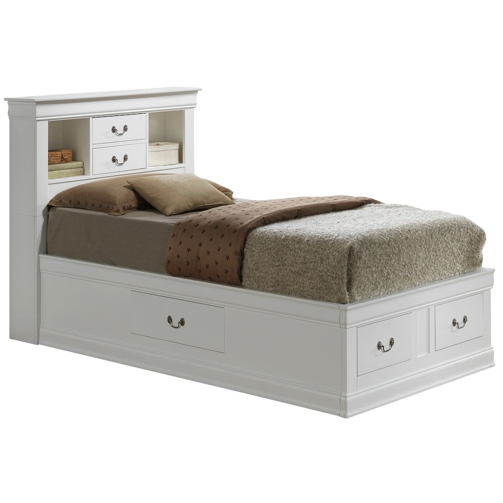 Art Nouveau White Twin Storage Bed - 6 Drawer Platform Bed with Headboard & Side Rail Storage
