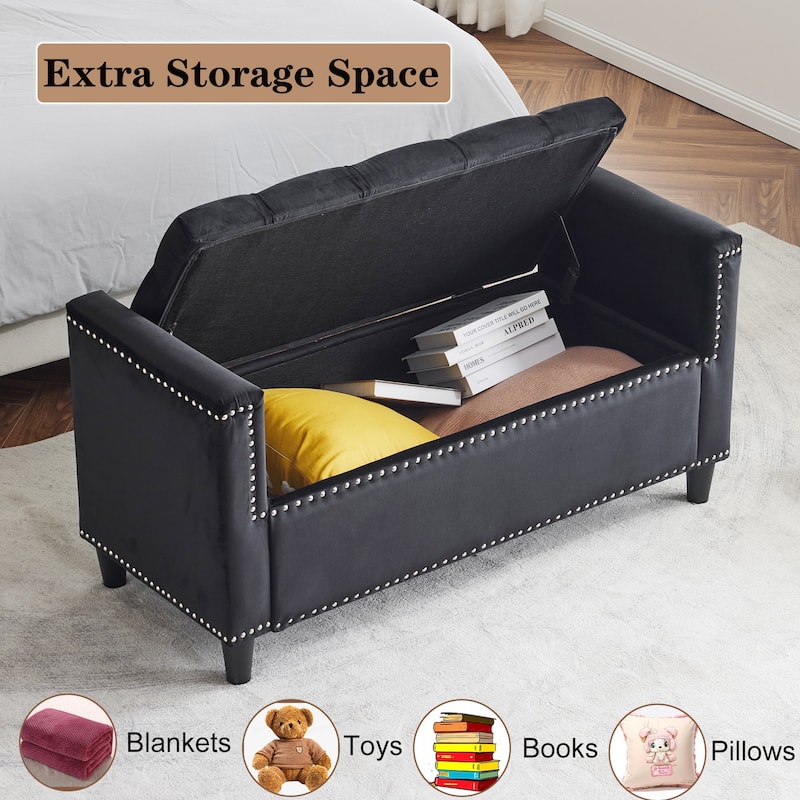 Storage Bench For Bedroom/Living Room,44.5-Inch Velvet Button Bench with Armrests