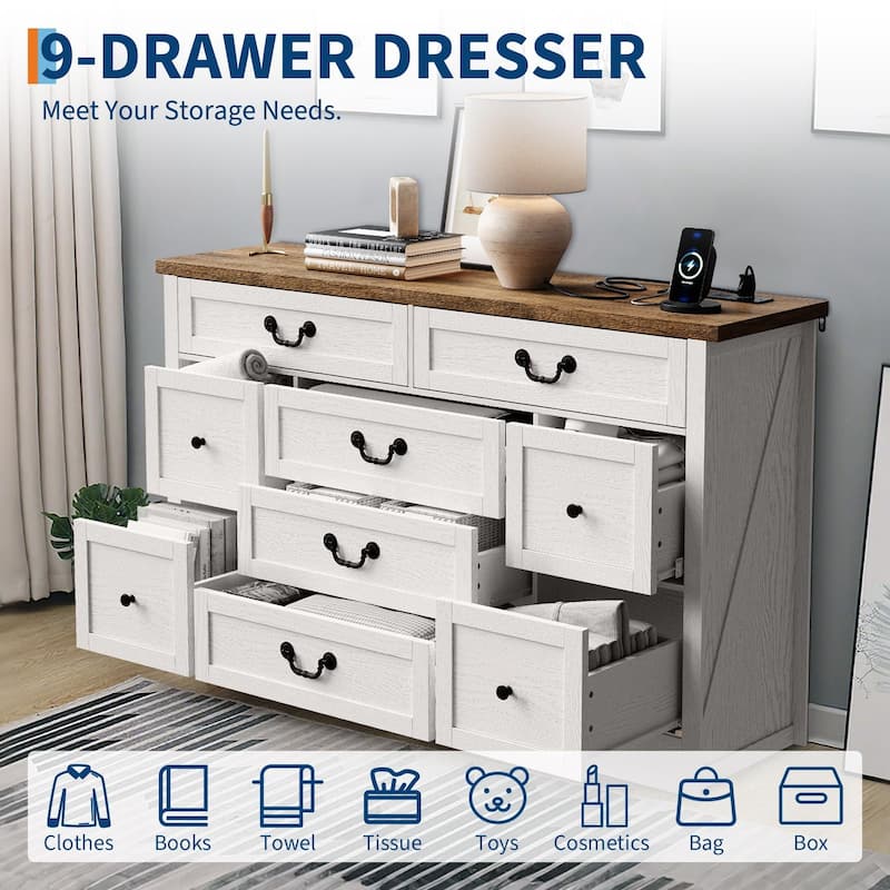 Farmhouse 9-Drawer Dresser with Charging Station, 54" Wide Wood Chest of Drawers with Metal Handles