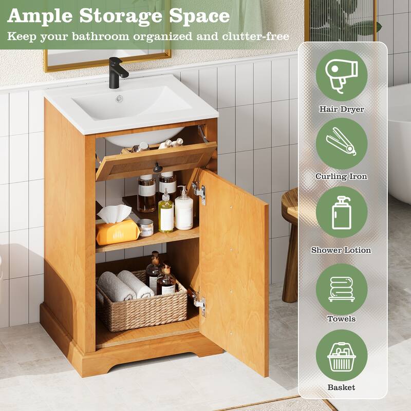 Roomfitters 20 Inch Bathroom Vanity with Integrated Ceramic Sink, Solid Wood Frame Storage Cabinet for Small Rooms, Natural Wood