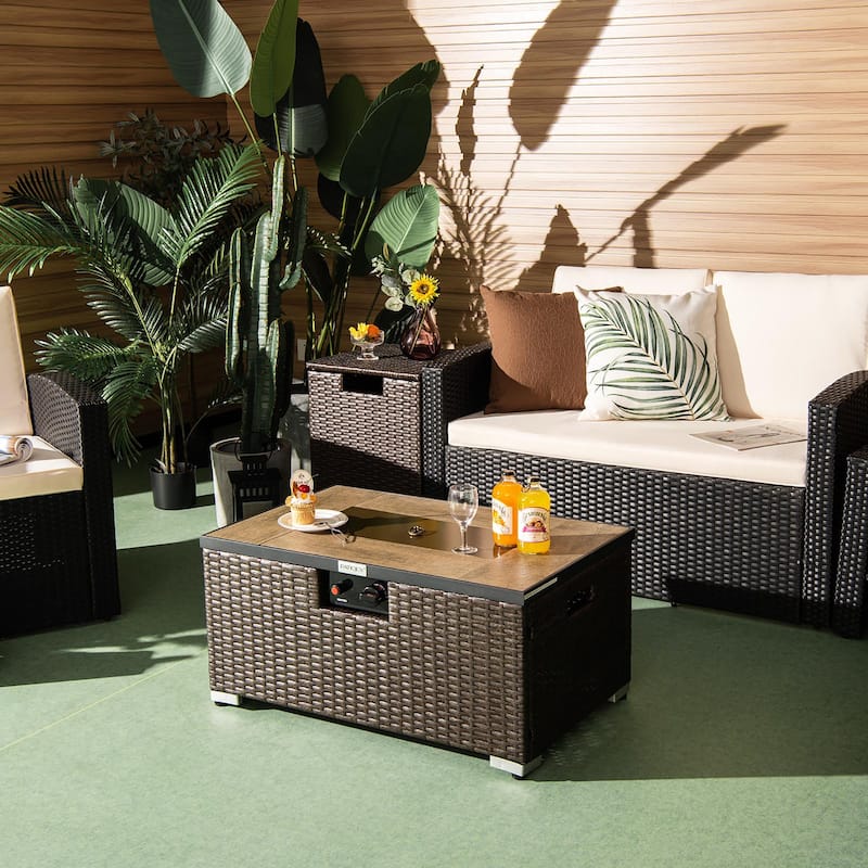 32''x 20'' Propane Rattan Fire Pit Table Set w/ Side Table Tank Cover
