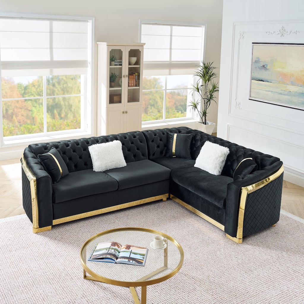 106 Inches L-Shaped Chesterfield Sectional Sofa Set, Velvet Button Tufted with Gold Stainless Steel Accents, Black