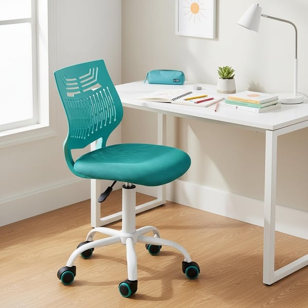 slide 2 of 38, HomyLin Plastic Mesh Adjustable Armless Desk Chair with Rolling Wheels Kids Teen Aqua