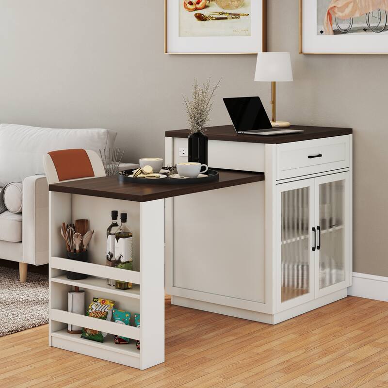 83.1"Extendable Kitchen Island with Slide Out Table and Storage Racks,Kitchen Island with Tempered Glass Doors,Power Outlet