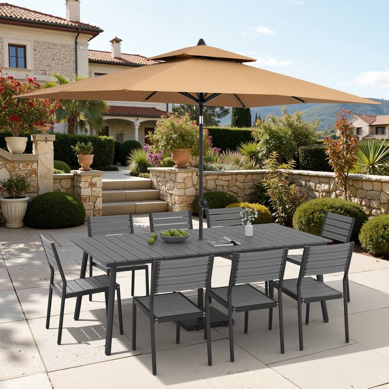 11-Piece Outdoor Dining Set Aluminum Table and 8 Stackable Chairs w/ 10 ft Umbrella and Base Stand