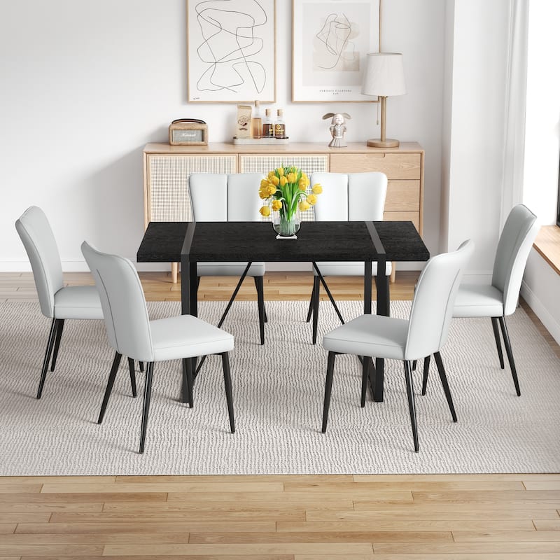 Kitchen Dining Table Set for 4-6 People, Rectangular Wooden Table with Faux Leather Dining Chairs - Black+Light Gray - 7-Piece