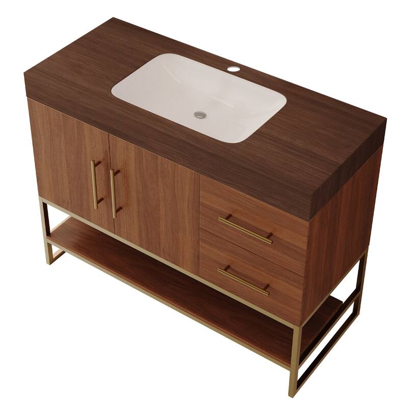 GDFStudio - Luxury 36" Freestanding Sintered Stone Bathroom Vanity with Seamless Ceramic Sink, Open Storage & Soft-Close Drawers