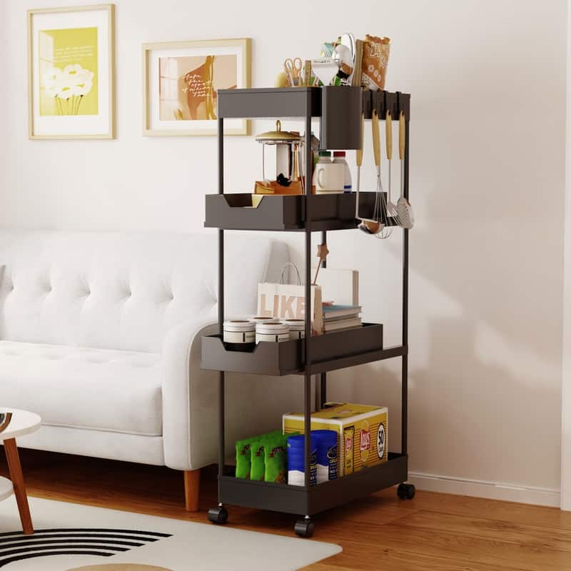 4-Tier Slim Rolling Pull-Out Storage Utility Cart with Wheels - Black