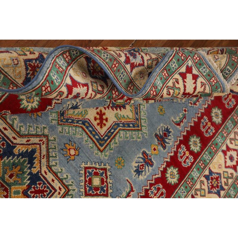 Light Blue Kazak Rug Handmade Geometric Wool Carpet - 4'10" x 6'1"
