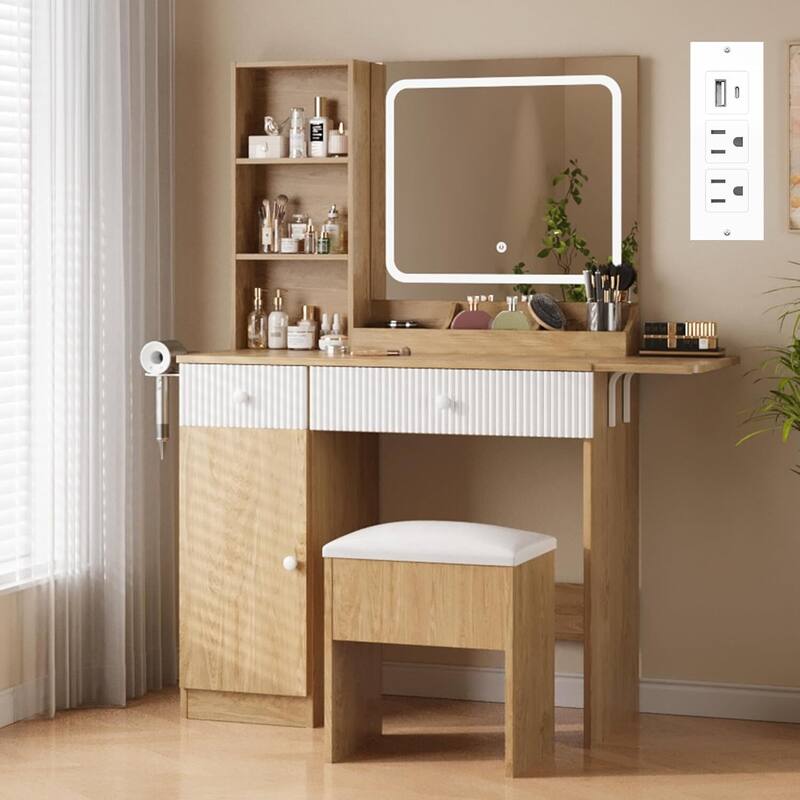 Foldable Panel Makeup Vanity Desk with Lighted Mirror for Compact Space - Natural