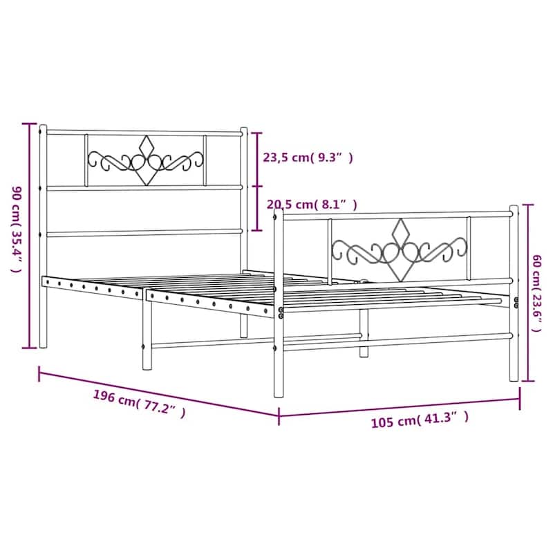 vidaXL 12 Inches White Twin Metal Bed Frame No Mattress - 77.2" x 41.3" x 35.4"