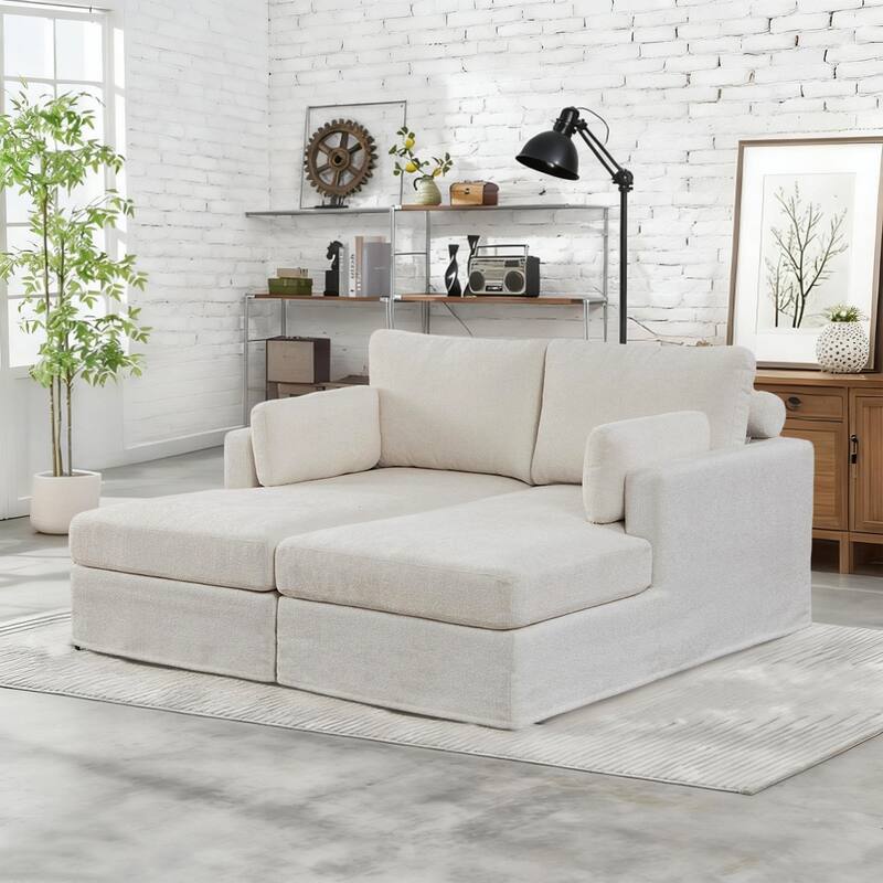 63.4"W Chenille Combination Sofa,Sofa Bed with Cushions & Metal Legs - Ivory