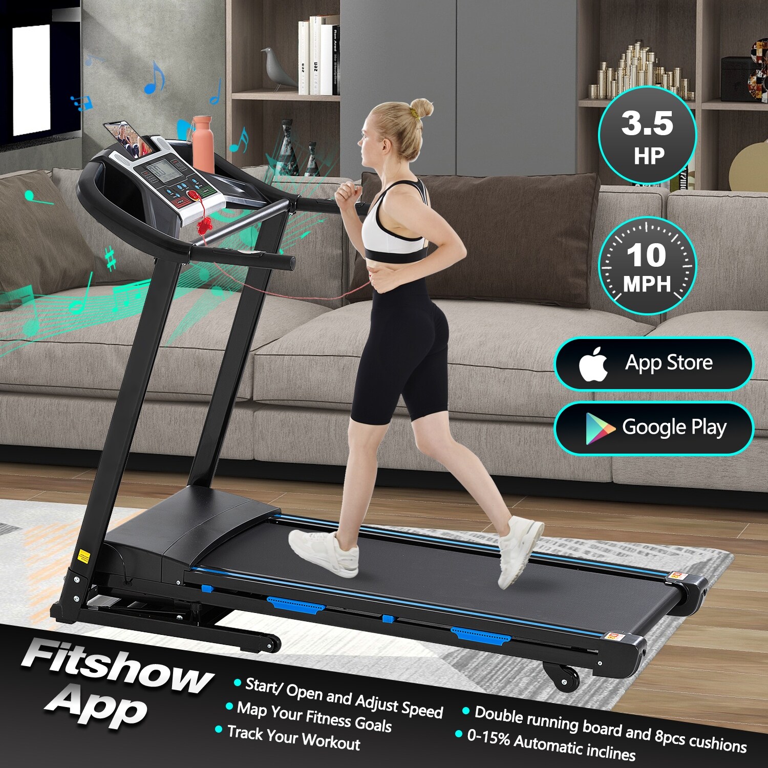 Foldable Dual Platform Home Treadmill with Auto Incline