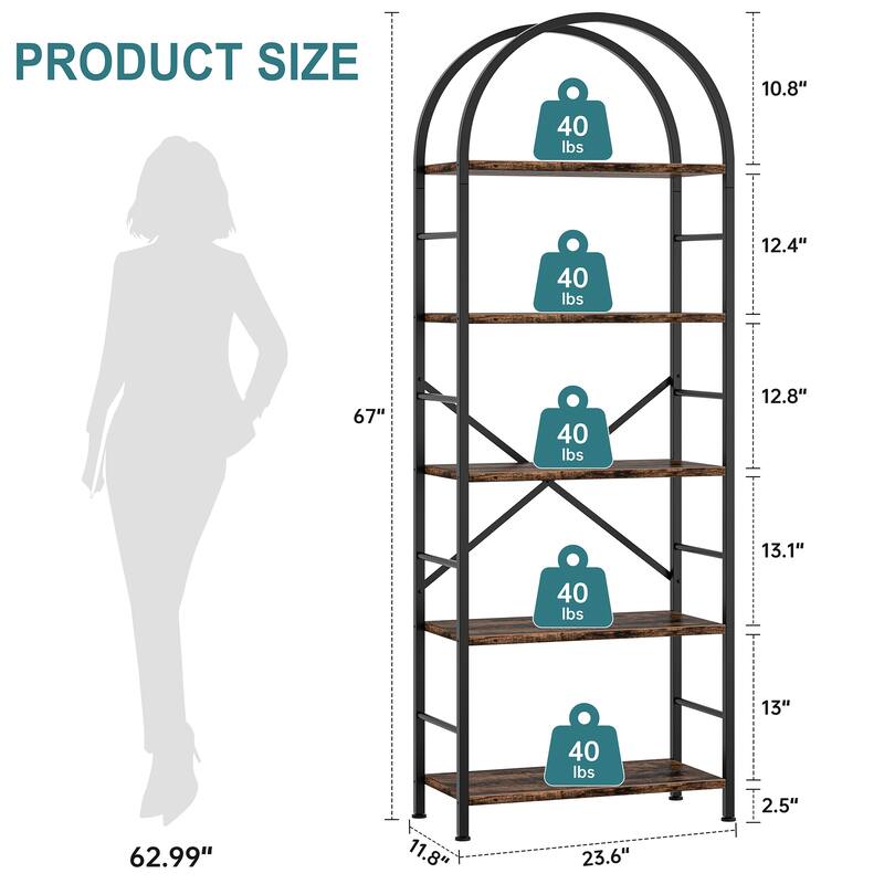 Futzca 5 Tiers Bookshelf Arched, Wooden Bookcase Display Rack