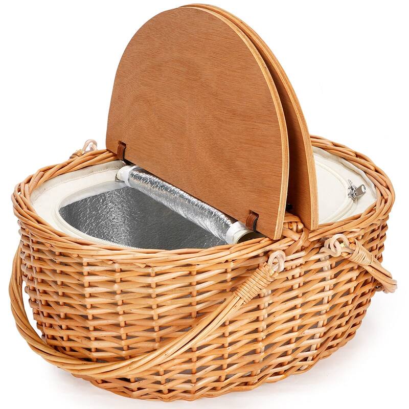 Wicker Picnic Basket with Cooler, Wooden Split Lid Picnic Basket, Vintage-Style Wicker Picnic Hamper with Folding Woven Handle