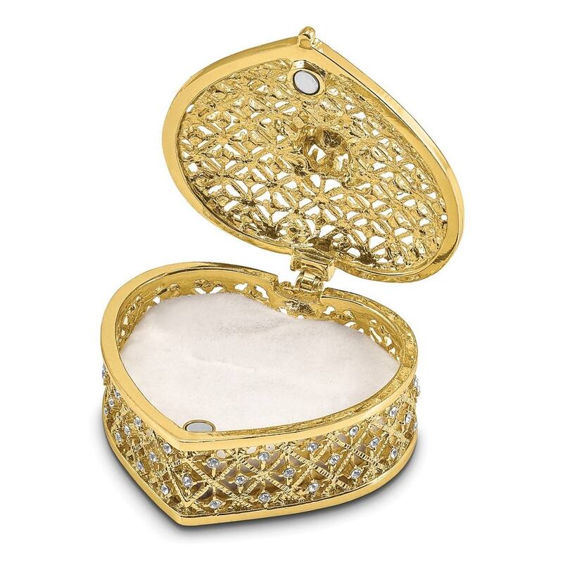 Curata Pewter Crystals Gold-Tone Enameled Romance Filigree Heart W/Ring Pad Trinket Box on 18 Inch Necklace