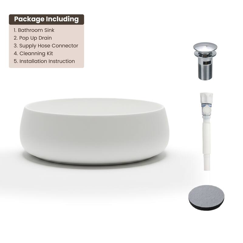 Solid Surface Vessel Bathroom Sink with Pop-Up Drain and Drain Hose, Modern Above Counter Wash Basin with Center Drain