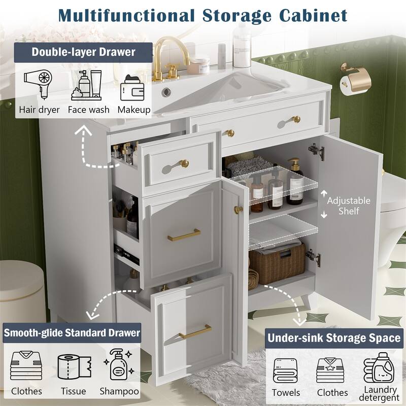36 inch Bathroom Vanity with Ceramic Sink, Soft Close Doors, Shelves