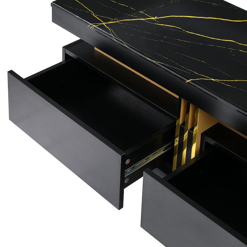 Luxury TV Stand with High Gloss Faux Marble Top for TVs Up to 78'', Rectangle Media Console with Golden Panel.