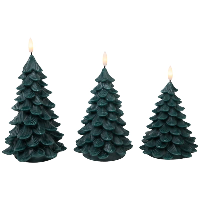 Flickering LED Flameless Christmas Tree Wax Candles - 7.25" - Green - Set of 3