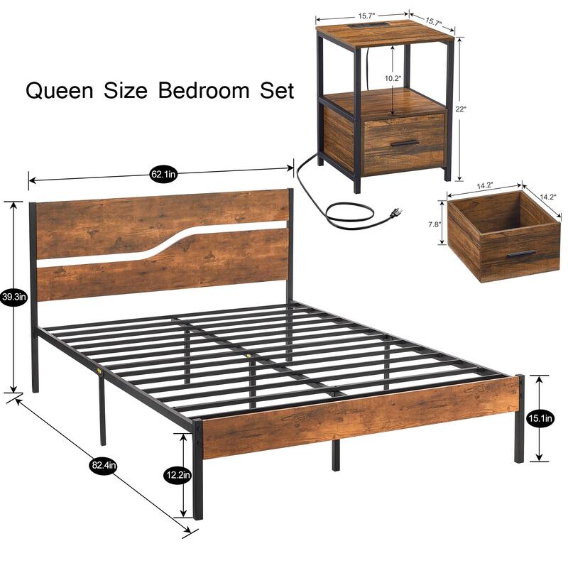 3-pieces Bedroom Set Platform Bed Frame Set of 2 Nightstands with Charging Station USB Port