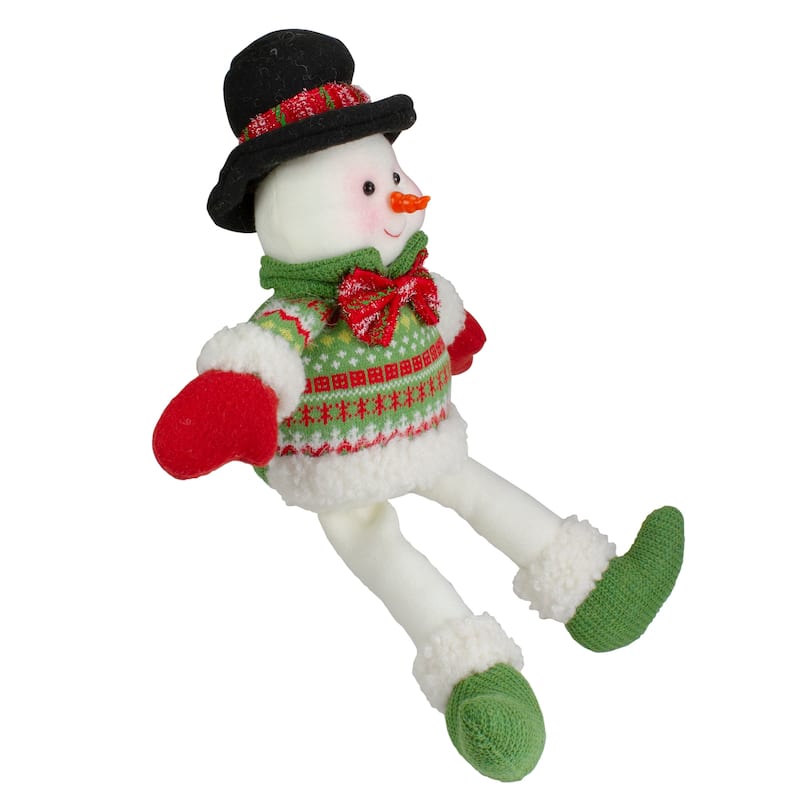 18" Red and Green Sitting Smiling Snowman Christmas Figure