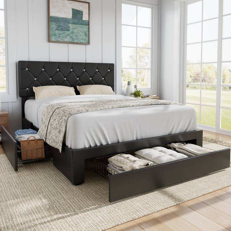 VECELO Bed Frame with Storage Drawers, Leather Upholstered with Diamond Tufted Headboard, Solid Wood Slat Support - Black - Full